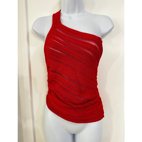 By Anthropologie Tops - Anthropologie Red One Shoulder Open Knit Asymmetrical Ruched Top Small